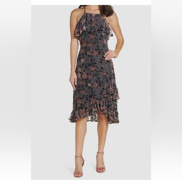 Avec Les Filles Dresses & Skirts - NWT Avec Les Filles Women Gray Floral Velvet Sheer Halter Cocktail Dress Size 12